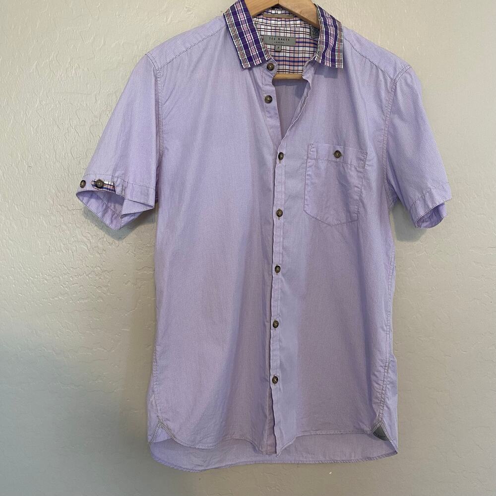 Ted Baker Mens Size 3 Medium Short Sleeve Button Down Shirt Purple Checkered